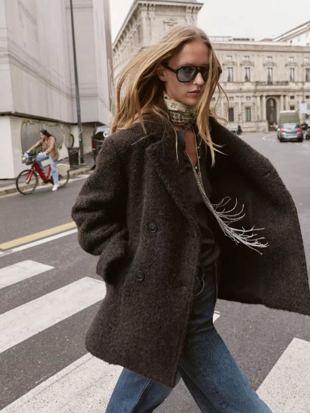 Zara Textured Double-Breasted Pea Coat - Dark Brown